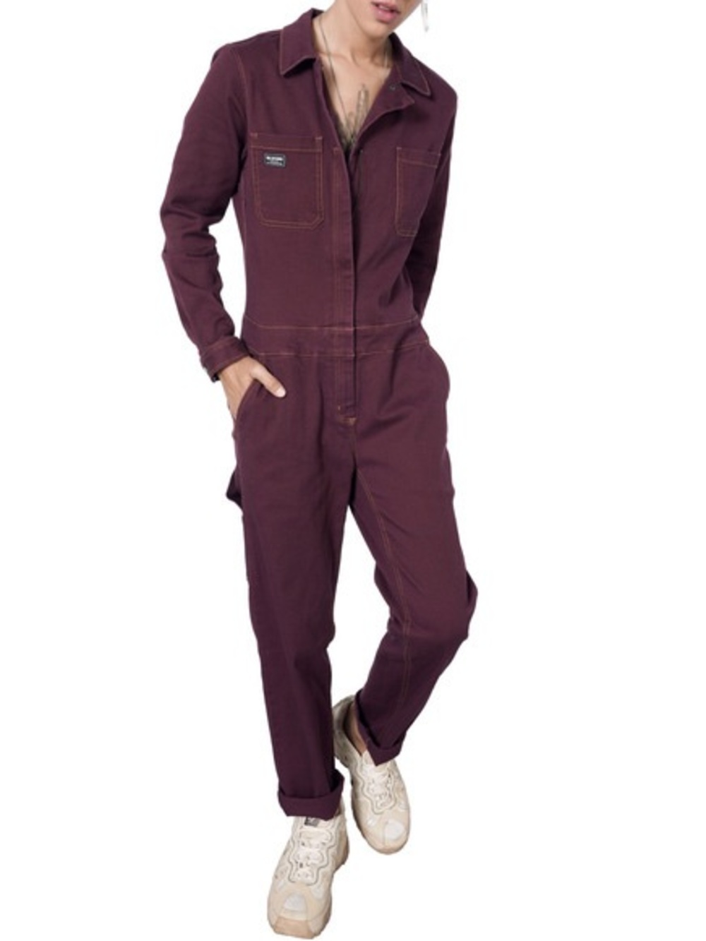 Wildfang the essential long sleeve coveralls in burgundy/merlot sz S